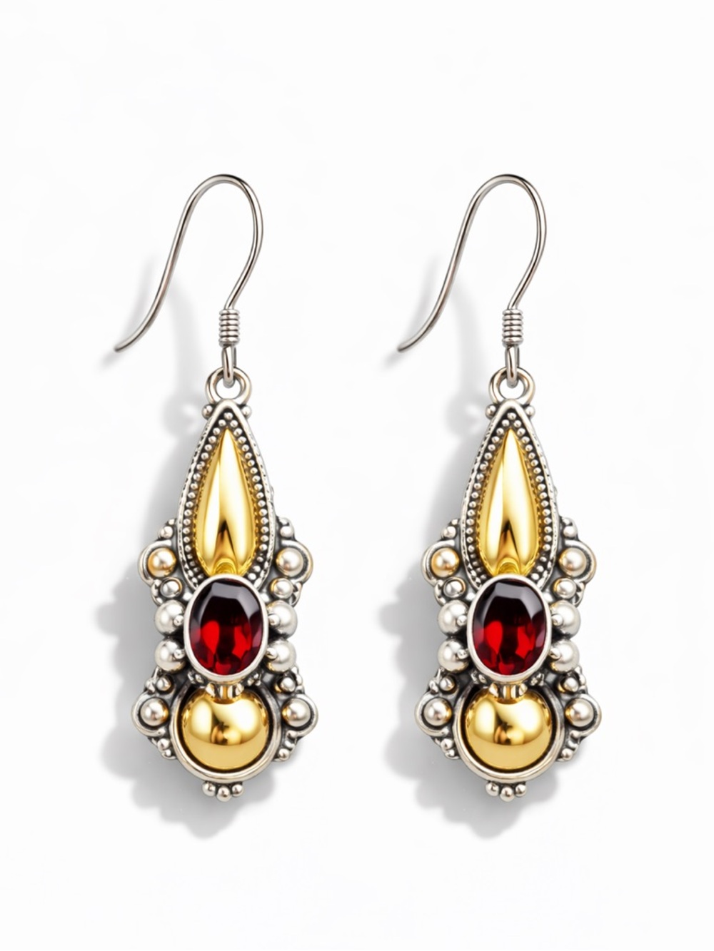 VINTAGE 925 Sterling Silver Vermeil Dangle Earrings Red Garnet Ornate